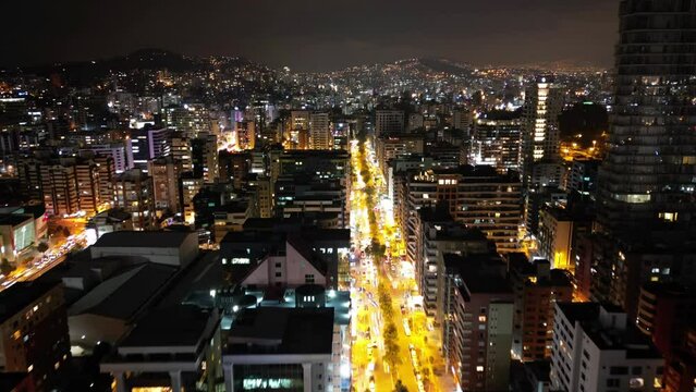 Night life in Quito Ecuador, aerial shot Timelapse 