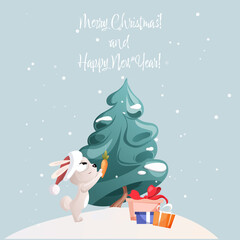 Merry Christmas and Happy New Year  White rabbit and christmas tree.Great winter greeting cards, stickers, banners, prints and home interior decor. 