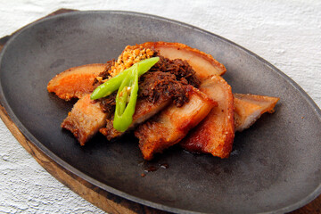 Freshly cooked Filipino food called Pork Binagoongan