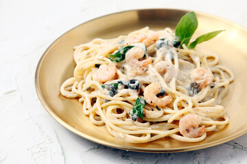 Freshly cooked seafood carbonara pasta