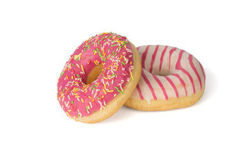 Two fresh pink donuts isolated on a white background.