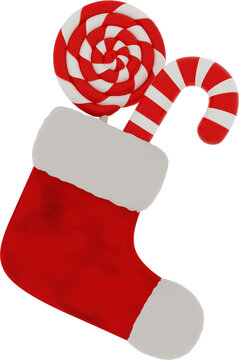 3d Render Candy Cane In a Christmas Sock