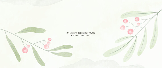Christmas and happy new year watercolor abstract winter botanical leaves background vector. Hand painted pastel watercolor mistletoe leaf branch. Design for wallpaper, cover, invitation card, poster.