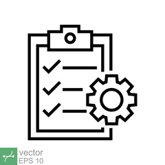 Obraz premium Clipboard with gear icon. Simple outline style. Project plan, document, compliant, task check list, cog, management concept. Thin line vector illustration isolated on white background. EPS 10.