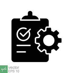 Clipboard with gear icon. Simple solid style. Project plan, document, compliant, task check list, cog, management concept. Glyph vector illustration isolated on white background. EPS 10.