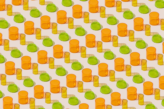 Repeated pattern of geometric glass figures.
