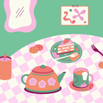 Vector composition with kettle, cups, cake and flowers.