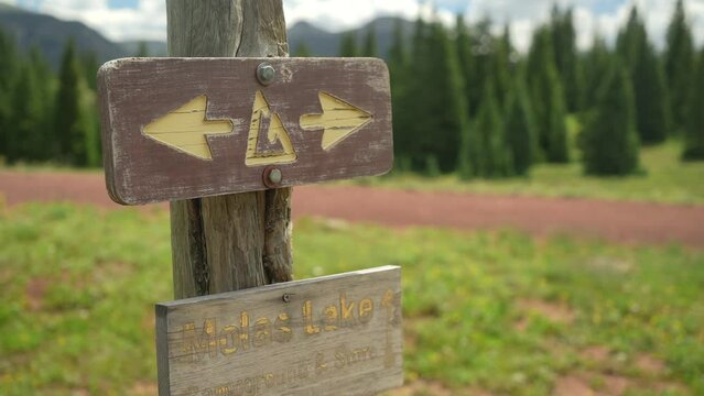 Hiking Trails Sign in Needle Mountains, Colorado USA, Molas Lake and Campground Directions