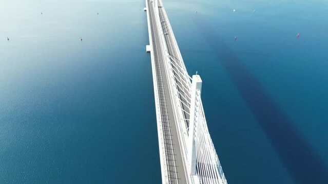 overhead birds eye view Peljesac bridge, &nbsp;suspension bridge Croatia 4K