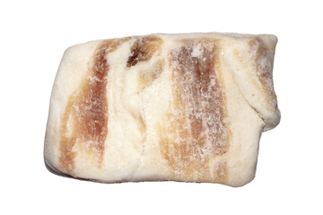 Ukrainian lard with salt and garlic on a white background.Homemade lard in salt, top view.A piece of frozen bacon.