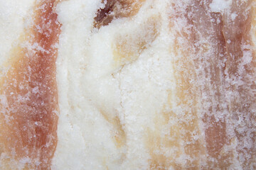Ukrainian lard with salt and garlic.Homemade lard in salt, top view.A piece of frozen bacon.The texture of lard.