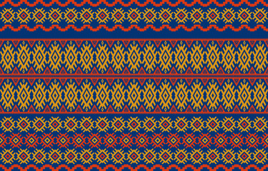 Design fabric seamless with geometric color yellow orange and blue elements. Tribal ikat ethnic pattern home or wallpaper. Design for textile, wrapping paper, wallpaper, clothing, background, batik.