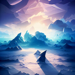 A Mountain Ice Island on a Blue Sunshine - Polygonal Fantasy Graphic Art