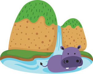hippo in waterfall scene illustration