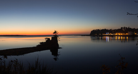 Panoramic view at the Siletz Bay in blue hour time