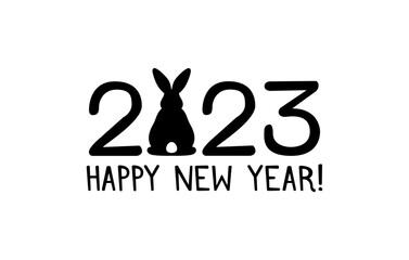 Year of Rabbit. Happy New Year 2023. Festive logo of numbers and black hare on a white background. 2023 calendar heading. Vector illustration for the design of New Year cards and poster