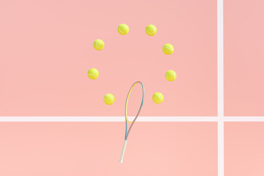 Sports: Tennis rackets and balls on pink court. 