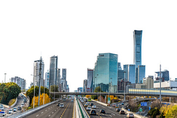Sunny day Beijing CBD building traffic flow road
