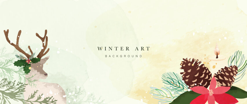 Christmas and watercolor winter botanical leaves background vector. Decorative hand painted pine leaves, pine cone, holly, reindeer, snow, candle. Design for wallpaper, cover, invitation card, poster.
