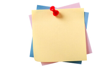 Various colors square sticky post it style note with pushpin yellow isolated transparent background...