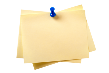 Several yellow oblong sticky post it note with pushpin isolated transparent background photo PNG file