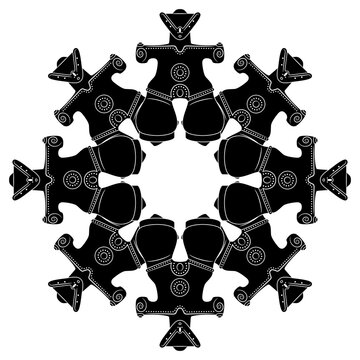 Round star or mandala design with ancient Japanese figurines of a goddess. Prehistoric female Dogū sculpture. Black and white silhouette.