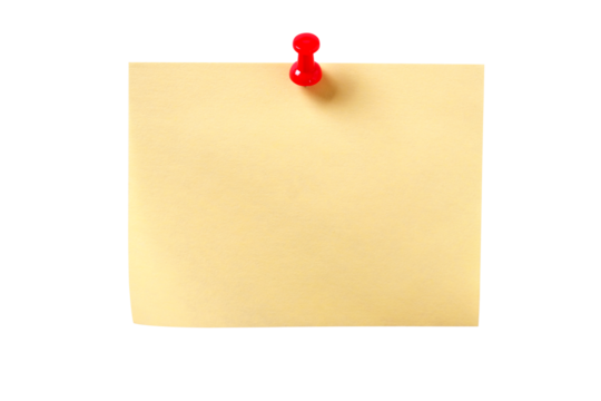 Yellow oblong sticky post it note with pushpin one single isolated transparent background photo PNG file