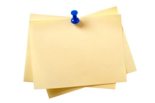 Several yellow oblong sticky post it note with pushpin isolated transparent background photo PNG file