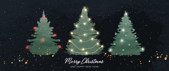 Watercolor christmas and happy new year background vector. Hand painted christmas tree with ornamental glowing light wire on dark background. Design for wallpaper, cover, invitation card, poster.