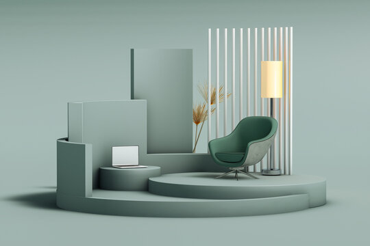 Armchair next to a lamp and a laptop