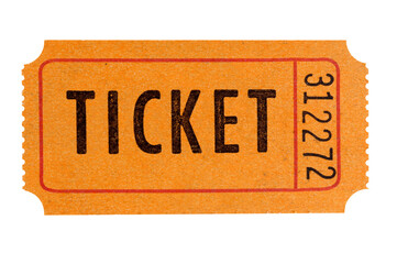 Old orange ticket movie or cinema one isolated transparent background photo PNG file