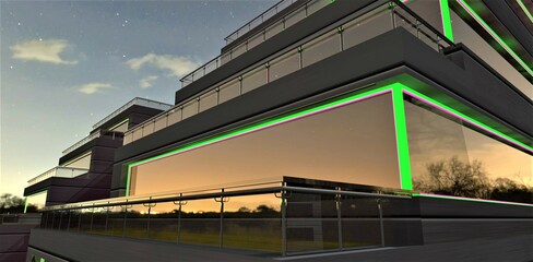 Balcony of a modern country building with a glass fence. Reflection of a wonderful sunset in panoramic windows with illuminated arches. 3d rendering.
