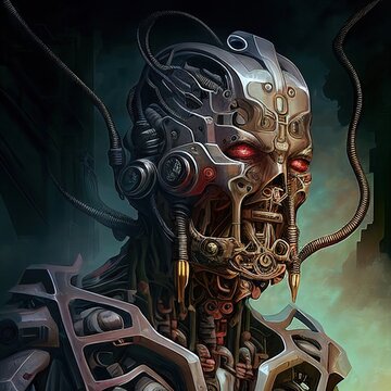Horrible, Angry and Crazy Monster Zombie Face Robot. Character Design. Concept Art Characters. Book Illustration. Video Game Characters. Serious Digital Painting. CG Artwork Background.
