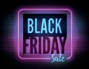 Black friday pink blue neon light box with annual discount offer promo. Youth style seasonal clearance advert. Price reduction minimal sticker design. Year biggest sale vector banner template.