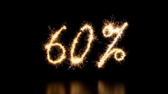 Gold Sparkler Firework Text with 60% Caption on Black. Promo Banner.