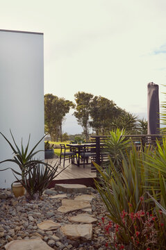Landscaped garden leading to deck