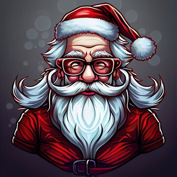 Merry Christmas Card of Happy Smile Santa Claus Portrait. White Beard Red Hat Vector Style. Concept Art Scenery. Book Illustration Video Game Scene. Serious Digital Painting. CG Artwork Background
