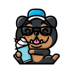 A CUTE BULLDOG IS HOLDING CUP OF ICE CREAM CARTOON ILLUSTRATION