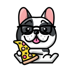 A CUTE FRENCH BULLDOG IS HOLDING A SLIICE OF PIZZA CARTOON ILLUSTRATION