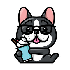 A CUTE FRENCH BULLDOG IS HOLDING A CUP OF ICE CREAM CARTOON ILLUSTRATION