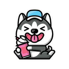 A CUTE HUSKY IS HOLDING CUP OF ICE CREAM CARTOON ILLUSTRATION