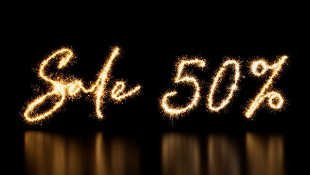 Promo Banner with Sale 50% Text on Black. Gold Sparkler Firework Caption.