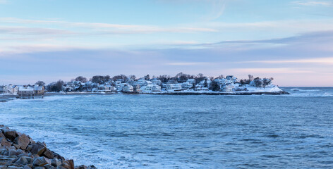 New England Coast house in sunrise Winter Landscape Snow Storm
