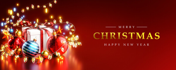 Dreamy Box Gift Christmas Ball Red Blue Gold Christmas Lights Bokeh Red Background Banner Card 3D Render © natanaelginting