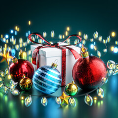 Close Up Dreamy Box Gift Christmas Ball Red Blue Gold Christmas Lights Bokeh Dark Blue Background 3D Render © natanaelginting