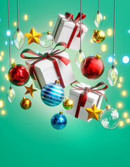 Hanging Box Gift Christmas Ball Red Blue Gold Christmas Lights Bokeh Stars Teal Background 3D Render © natanaelginting