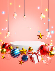 Podium Stage Box Gift Christmas Ball Red Blue Gold Christmas Lights Bokeh Stars Pink Background 3D Render © natanaelginting