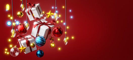 Hanging Flying Box Gift Christmas Ball Red Blue Gold Christmas Lights Bokeh Red Background Banner Copy Space 3D Render © natanaelginting