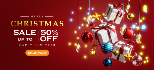Christmas Sale Template Hanging Flying Box Gift Christmas Ball Red Blue Gold Christmas Lights Bokeh Red Background Banner 3D Render