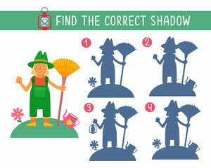 Find correct shadow. Cute cartoon-style gardener in hat with rake. Puzzle game for children. Activity, vector illustration.